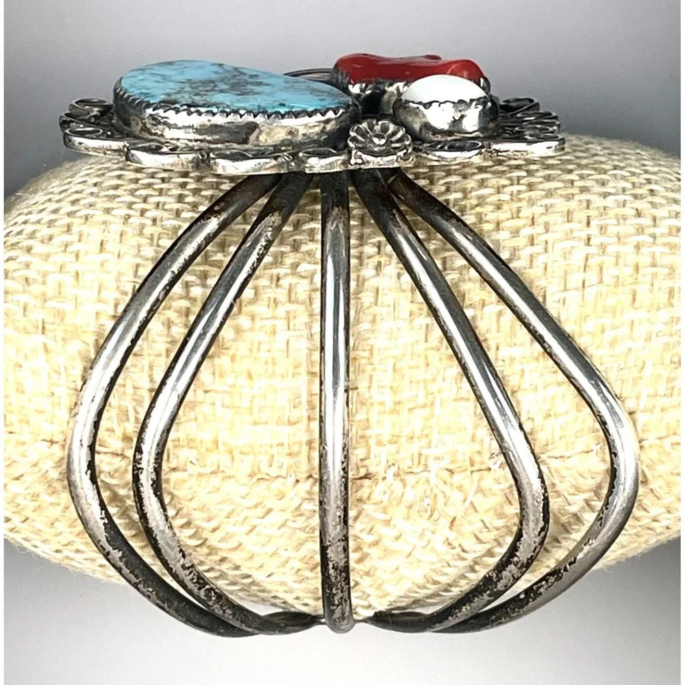 Navajo Sterling Silver Turquoise Coral Shell Cuff Bracelet Handmade 37.35g